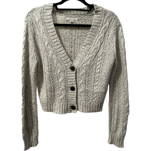 American Eagle Women’s S Button Front Cropped Cardigan Sweater Gray Cable Knit - Picture 1 of 8